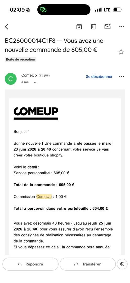 Commande ComeUp 605 euros